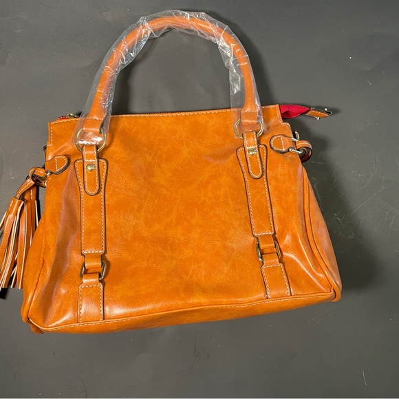 Brown genuine leather satchel purse tassels zip closure pockets, crossbody strap - Picture 10 of 11